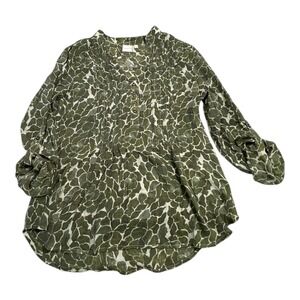 Zac & Rachel Womens Tunic Top Green White Abstract Leaf Print Pleated V Neck M